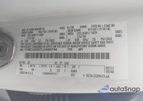 2020 Ford Escape Se from USA, damaged, VIN 1FMCU0G67LUA66744
